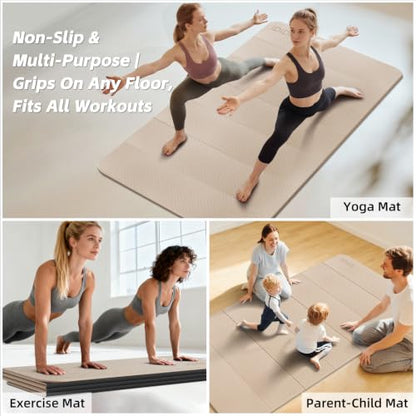 Foldable Yoga Mat Extra Large (74.0" x 47.2" x 0.4") | Double-Sided Non-Slip,Extra Wide Foldable Design,10mm Extra Thick ,Exercise Mat for Gym, Studio, Travel, Home Use - color: Beige+Black