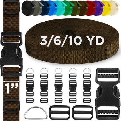 TECEUM 1" Nylon Strap Kit with Buckles, Brown 6 yards Repair Set | Heavy duty hardware kit: 6yd webbing, 6 quick release buckles, 12 tri-glide slide clips, 6 metal D-rings for crafting. - color: Brown, size: 1" - 6 yards, style: 6 Buckle - 12 Slides - 6 D