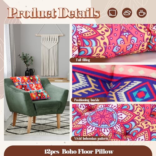Nuogo 12 Pcs Bohemian Floor Cushions Bulk 15 Inch Boho Floor Sitting Meditation Pillows Yoga Mandala Meditation Pouf for Living Room Balcony Office Tatami(Square) - color: Square