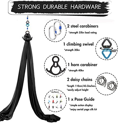 Aerial Silks Yoga Swing Set, Fitness Aerial Yoga Kit | Anti-Gravity Flight Aerial Yoga Hammock Kit; Low/Non Stretch Nylon Tricot Fabric; For Fitness & Dance; Hardware Included - color: 9Yards-Black