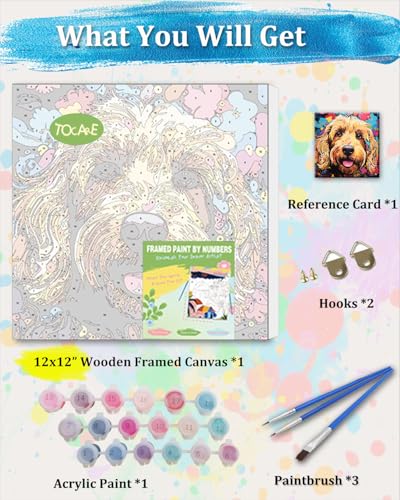 TOCARE Framed Paint by Numbers Kit for Adults Beginners & Kids Ages 8-12,12x12inch Golden Doodle Paint by Number with Frame,Dog Paint by Numbers Framed Canvas for Amimal Lover(Without Easel) - color: TC-F-296