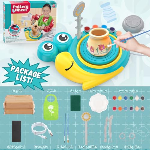 Aujazyble Pottery Wheel for Kids, Complete Arts & Crafts Kit for Kids 6-12+ | Crafts for Girls 8-12, Girls Boy Toys Birthday Halloween Christmas Gift for Kids Ages 6 7 8 9 10 11 12+, (Snail) - color: Blue