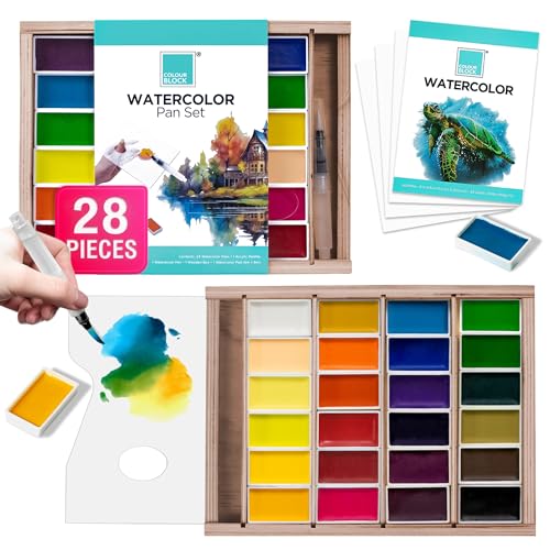 COLOUR BLOCK 28-Piece Watercolor Paint Set: 24 Full-Pan Colors, Water Brush Pen, Palette, Paper, Portable Wooden Box for Travel — Professional Quality for Beginner Artists and Professionals. - size: 28 Piece Set