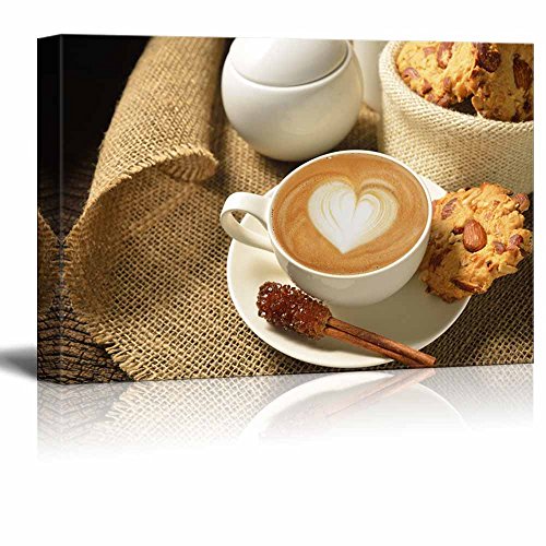 Canvas Prints Wall Art - a Cup of Cafe Latte and Cookies | Modern Wall Decor/Home Art Stretched Gallery Canvas Wraps Giclee Print & Ready to Hang - 12" x 18" - color: Cup of Cafe Latte, size: 18"L x 12"W