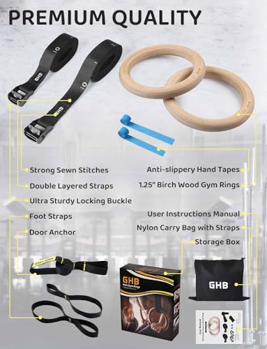 GHB Gymnastic Rings Wooden Gym Rings 1.25" Olympic Rings Adjustable Straps Pull Up Rings Sets for Workout Bodyweight Fitness Training - style: 32mm Rings & Buckle Numbered Straps Set