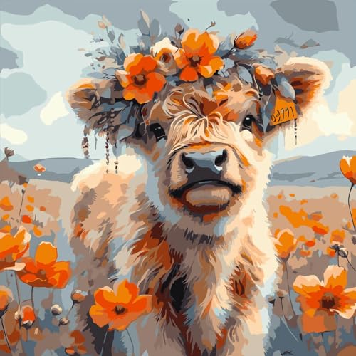 AALBLAC Cow Paint by Numbers for Adults - Highland Cow Flower Paint by Numbers for Adults Beginners, Acrylic Simple Paint by Number Canvas for Gift Home Decoration (16x16 Inch) - color: Highland Cow Flower-40X40