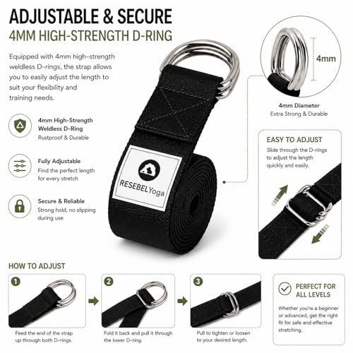 Yoga Strap for Stretching, Non-Elastic Yoga Belt with D-Ring - color: Black, size: 6Feet/1.8M