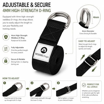 Yoga Strap for Stretching, Non-Elastic Yoga Belt with D-Ring - color: Black, size: 6Feet/1.8M