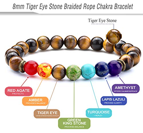 Men Women 8mm Lava Rock 7 Chakra Beads Chakra Bracelet - color: Tiger Eye