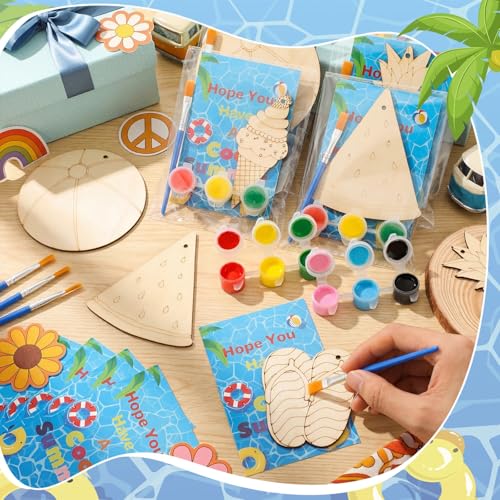 Saypacck 24 Pcs Summer Beach Party Favors Wooden Paint Craft Kits | Hawaiian Theme Kids Crafts, Includes Paints Brushes Organza Bags, Goodie Fillers for Preschool Birthday Gifts - style: Summer