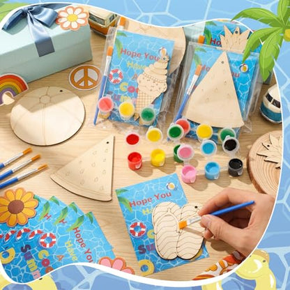 Saypacck 24 Pcs Summer Beach Party Favors Wooden Paint Craft Kits | Hawaiian Theme Kids Crafts, Includes Paints Brushes Organza Bags, Goodie Fillers for Preschool Birthday Gifts - style: Summer