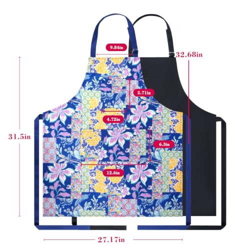 2 Pack Bid Aprons, Adjustable Kitchen Apron with 3 Pockets, Chef Works Apron. - color: Navy Flower