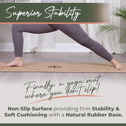 Y O Gayo Premium Yoga Cork Mat | 5mm Thick Natural Tree Rubber Base and Bigger Mat for Extra Support, Alignment lines for Guidance | Non-Slip, Sustainable, Your Ultimate Yoga Companion