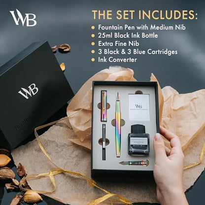 Wordsworth & Black Fountain Pen Gift Set, Medium & Extra Fine Nib, Rainbow | For Men & Women, Brass Body, 18K German Iridium, Ink Bottle + 6 Cartridges, Converter, Writing & Calligraphy, Journaling - color: Rainbow