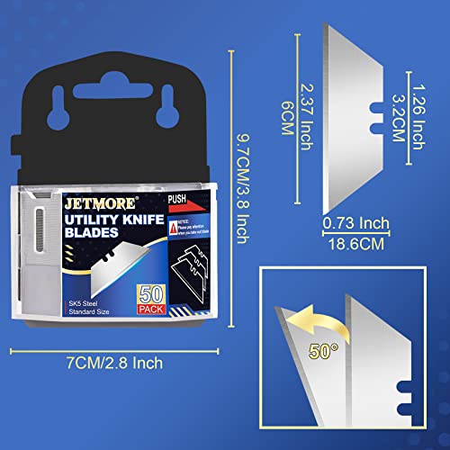 Utility Knife Blades, 50 Pack Heavy Duty Box Cutter, SK5 Blades | High-carbon steel cuts cardboard, leather and roofing, utility blades fit standard knives, with razor blades stored safely - size: 50 Pack