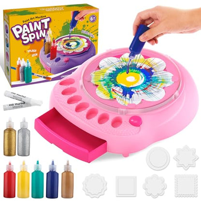 Spin Art Machine for Kids, Paint Spinner Arts & Crafts Gift Kit, Ages 4-12 | Includes machine, 36 artboards, 7 washable paints & splatter guard. Easy-clean, screen-free STEAM gift for girls & boys - color: Pink