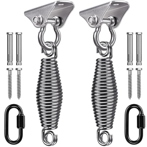 SELEWARE Porch Swing Hanging Kit Stainless Steel Swing Hangers with Spring | Heavy Duty Ceiling Swing Mount 180° Swivel Swing Hooks for Indoor Outdoor Porch Swing Hammock Swing Chair Sandbags, 2 Pack - color: 180° Swing Hanger With Spring (2 Pack)