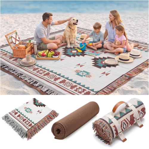 RYCHIC 2 in 1 Extra Large Outdoor Rug Picnic Mat Woven Summer Throw Blanket Boho Giant Beach Travel Essential Yoga Accessories Park Patio Lawn Garden Grass Ground Play Music Festival Concert Must Have - color: Boho Beige