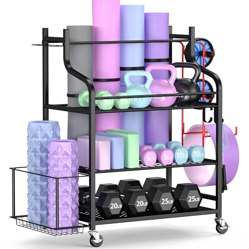 Mythinglogic 4-Tier Rolling Cart with 360° Wheels, Yoga Mat Storage Racks for Home, Gym Rack for Dumbbells Kettlebells Foam Roller, Yoga Strap and Resistance Bands, Workout Equipment