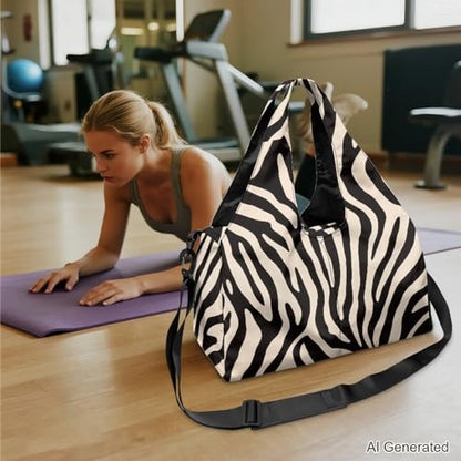 Zebra Print Gym Bag with Shoe Compartment Durable Yoga Bags with Double Zipper Sports Duffle Bags Waterproof, Retro Sports Duffle Bag for Cheer Team - color: Zebra Print