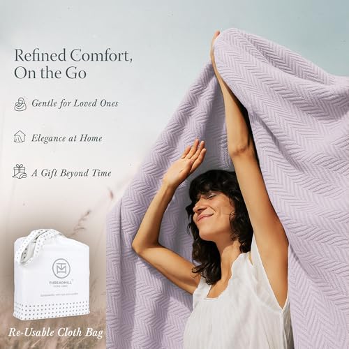 Threadmill Luxury 100% Cotton Queen Herringbone Blanket, Lilac - color: Lilac, size: Queen (90" x 92")