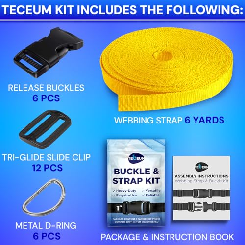 TECEUM 1" Nylon Strap Kit with Buckles, Honey Yellow 6 yards Repair Set | Heavy duty hardware kit: 6yd webbing, 6 quick release buckles, 12 tri-glide slide clips, 6 metal D-rings for crafting. - color: Honey Yellow, size: 1" - 6 yards, style: 6 Buckle - 1