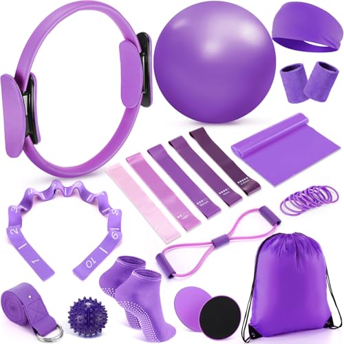 Poen 18 Pcs Home Pilates Kit for Women Pilates Ball and Ring Circle Set Yoga Fitness Essential with 5 Resistance Band Stretching Strap Non Slip Sock Ball Core Slider Wristband Headband Gym Bag - color: Purple