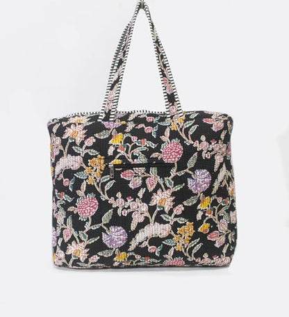 INDIAN CRAFT CASTLE Tote Bag with Yoga Mat Carrier Pocket Carryall Shoulder Bag for Office, Workout, Pilates, Travel, Beach and Gym - color: Black & Pink