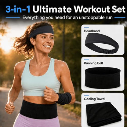 3PCS Running Gear Set for Women, Sports Cooling Headband, Running Slim Belt and Wrist Sweat Towel, Non-Slip Sweatbands Soft Breathable Cooling Workout Sweat Band for Yoga,Gym,Hiking, Fitness