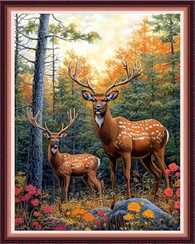 Fanxvivy Stamped Cross Stitch Kits for Beginners Full Range of Cross Stitching Preprinted Embroidery Kits for Adults, 11CT Embroidery Pattern Needlepoint Kits-Deer Flower 16x20 inch - color: Artdesign01