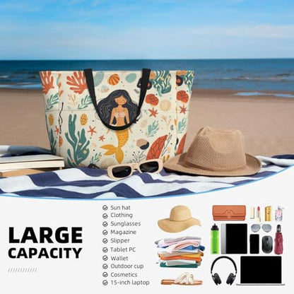 Large Beach Bag for Women Waterproof Foldable Travel Shoulder Tote Bag with Pocket for Weekender Pool Vacation - color: Fish Beige