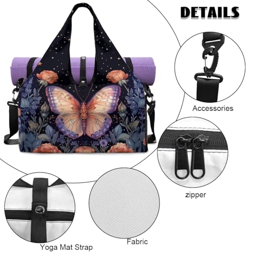 Gym Bag with Yoga Mat Holder Large Tote Bag With Multi Pockets for Women Men Dry Wet Separated Pocket Carryall Yoga Tote Bag for Pilates Travel Workout Office - color: Pink Butterfly