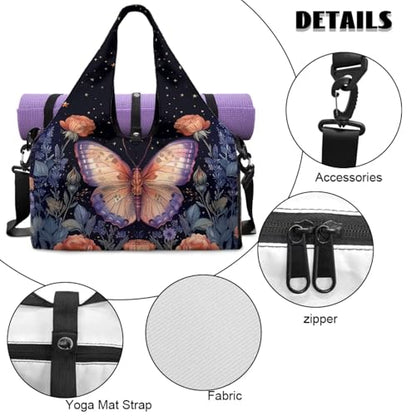 Gym Bag with Yoga Mat Holder Large Tote Bag With Multi Pockets for Women Men Dry Wet Separated Pocket Carryall Yoga Tote Bag for Pilates Travel Workout Office - color: Pink Butterfly