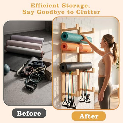 4-Tier Wooden Yoga Mat Holder Wall Mount, Yoga Mat Rack for Home Gym