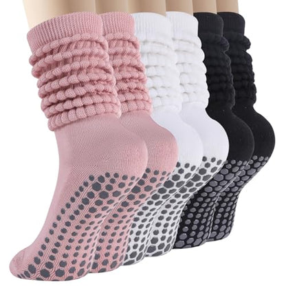 Pilates Grip Socks for Women, Non Slip Scrunch Yoga Socks for Home, Workout - color: 3pairs-blackwhitepink