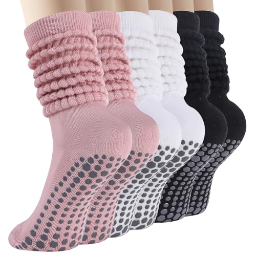 Pilates Grip Socks for Women, Non Slip Scrunch Yoga Socks for Home, Workout - color: 3pairs-blackwhitepink
