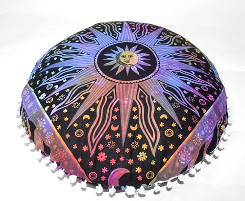CRAFT KALA 22" Bohemian Floor Pillow Pouf Cover Mandala Boho Large Round Meditation Room Pillow Covers for Adults Seating Poufs Cushion Cover for Kids Playroom Multi Purple Burning Sun - color: Multi Purple, size: 22" x 22" (Pack of 1)