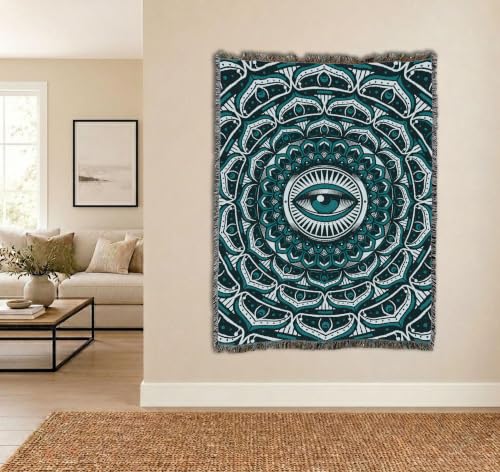 Pure Country Weavers Eye Mandala Teal Blanket - Gift Tapestry Throw Woven from Cotton - Made in The USA (72x54) - color: Eye Mandala Teal, size: 72x54