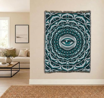 Pure Country Weavers Eye Mandala Teal Blanket - Gift Tapestry Throw Woven from Cotton - Made in The USA (72x54) - color: Eye Mandala Teal, size: 72x54