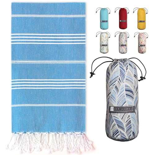 BAY LAUREL Turkish Beach Towel with Travel Bag 39 x 71 Quick Dry Sand Free Lightweight Large Oversized Towels Light - color: Denim Blue