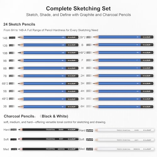 KALOUR PDAS 112 Drawing Set Sketch Kit, Pro Art Supplies with 3-Color Sketchbook, Graphite, Charcoal Pencils, Art Drawing Kit for Artists Adults Teens Beginners, Ideal for Shading & Blending