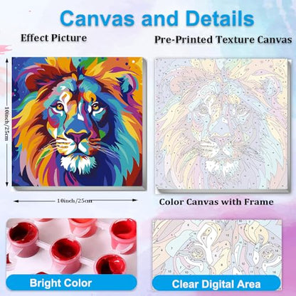Artunion Framed Paint by Numbers Kit for Adults Beginners & Kids Ages 8-12,Colorful Lion Paint by Number with Frame,Easy Animal Paint by Numbers Kit on Canvas 10 * 10 Inch Without Easel - color: ZXT-265-F