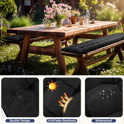BreezeHug 2 Pcs Picnic Bench Cushion 6' Waterproof Outdoor Picnic Table Seat Cushion with Durable Straps and Buckles, 72" (6ft) x 10" x 3" Tufted Fade Resistant, Folding & Easy to Carry(Black) - color: Black, size: 72 x 10 x 3 inches