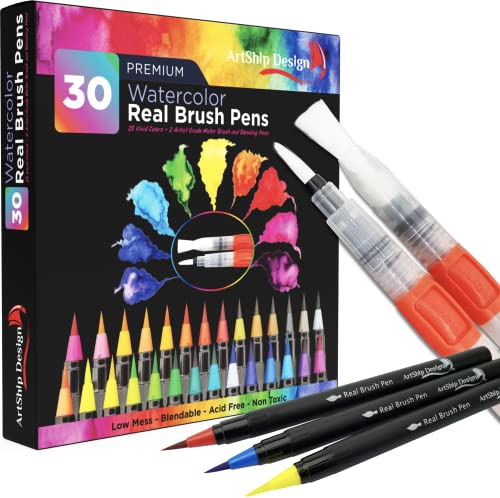 30 Watercolor Brush Pens Combo Pack, 28 Colors 2 Water Brushes, Flexible Real Nylon Brush Tips, for Watercolor Painting Calligraphy Coloring, Beginner or Artist, Portable, Low Mess - color: 30 Pack