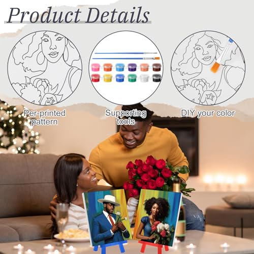 Blosssound 10 Set Pre Printed Canvas Pre Drawn Canvas Painting with Easel Kits 5" x 7" Outline Painting Panels for Beginners, DIY Craft Project, Party Favor, Home Decors(Black Couple) - style: Modern, Contemporary