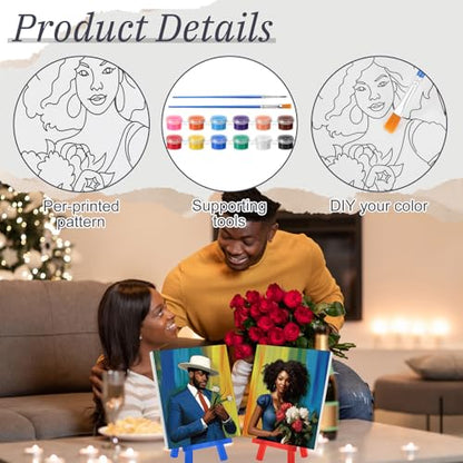 Blosssound 10 Set Pre Printed Canvas Pre Drawn Canvas Painting with Easel Kits 5" x 7" Outline Painting Panels for Beginners, DIY Craft Project, Party Favor, Home Decors(Black Couple) - style: Modern, Contemporary