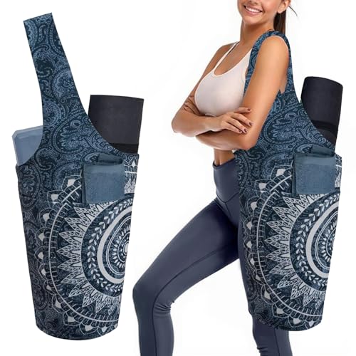 Yoga Mat Bag Carrier for Women with Side Large Pocket Durable Linen Workout Gym Travel Storage Pilates Mats - color: Mandala Circle