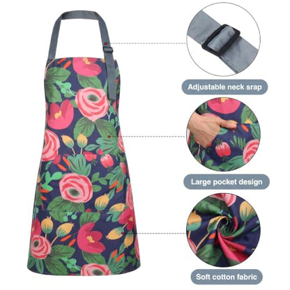 BOUMUSOE 3 Pack Floral Aprons with Pocket, Blooming Womens Aprons | Waterproof Adjustable Cooking Aprons for Kitchen Gardening and Salon - color: Red, Pink, Yellow