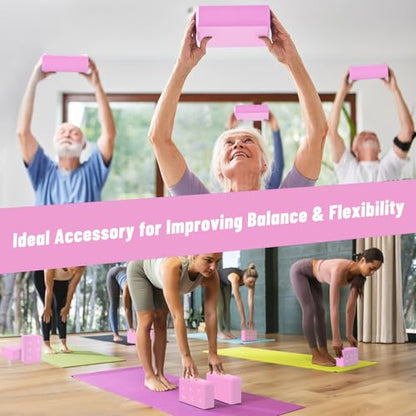 RETON 2 Pack Yoga Blocks and 2 Yoga Straps Set, Soft Non-Slip Yoga Block for Pilates, High Density EVA Foam Yoga Brick with Yoga Strap for General Fitness, Stretching, Improve Strength and Flexibility - color: Pink