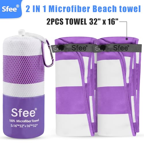 Sfee 2 in 1 Microfiber Travel Towel, Quick Dry Towel Camping Towel Beach Towel Super Absorbent Compact Lightweight Sports Gym Towel Set for Gym, Hiking, Pool, Bath, Yoga (Small: 32''x16'') - color: Purple Stripe, size: S 32" x 16"+ 32" x 16"